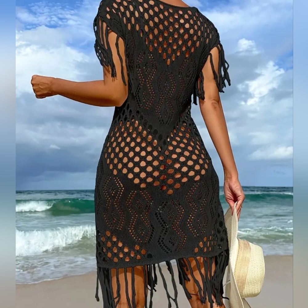 Size L - Hollow Out Tassels Smock cover up, Sexy Short Sleeve Dress For Summer
